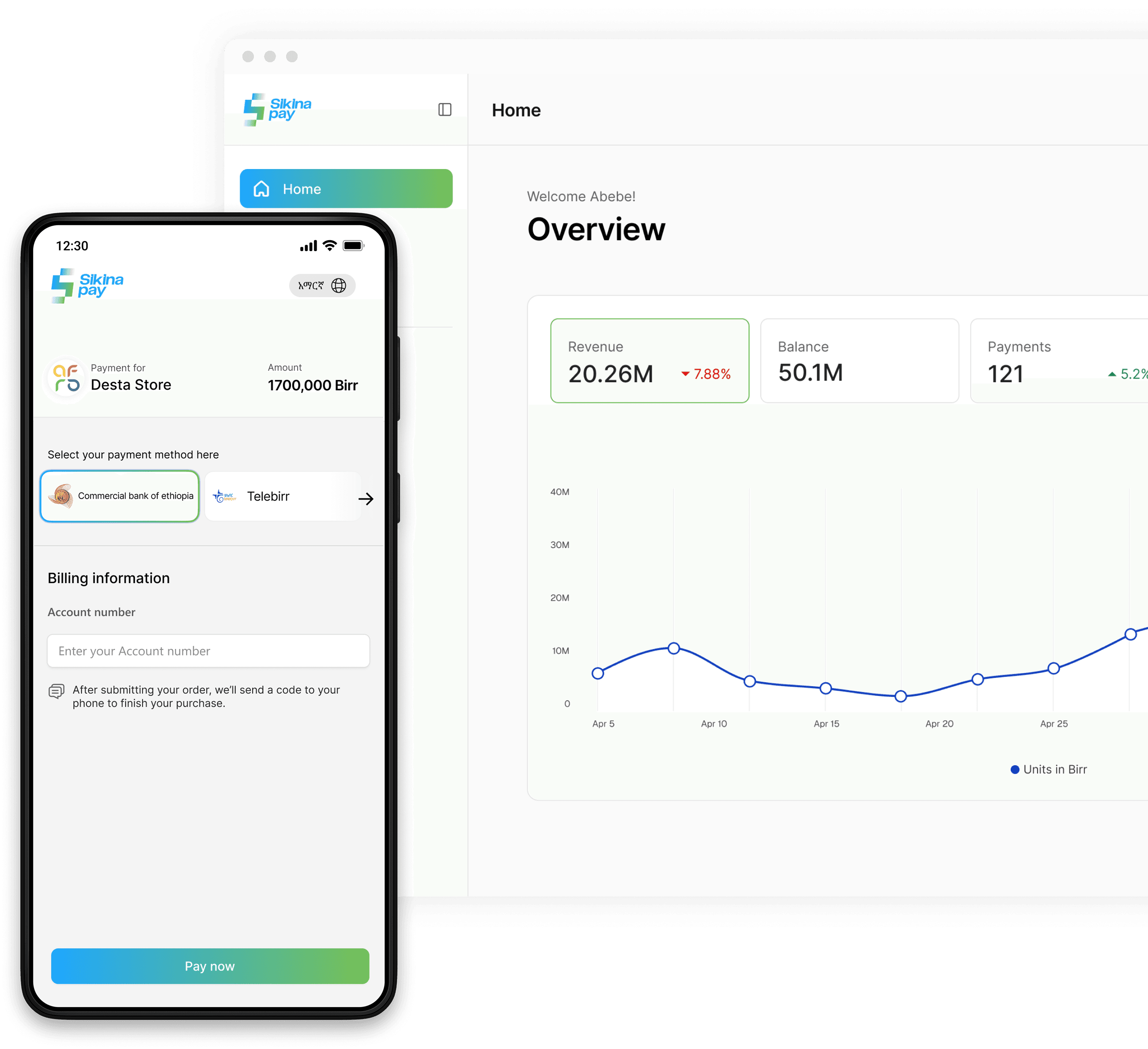 Sikina Pay payment gateway dashboard preview on mobile